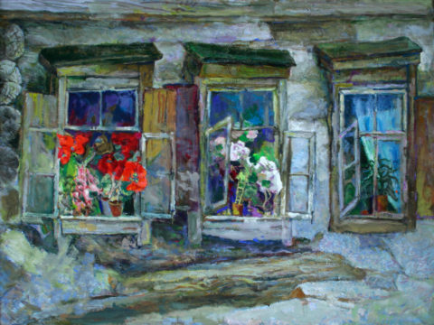 «Цветущие окна», Александр Тюлькин (1888-1980), 1960, холст, темпера, фонд БГХМ им. М. В. Нестерова