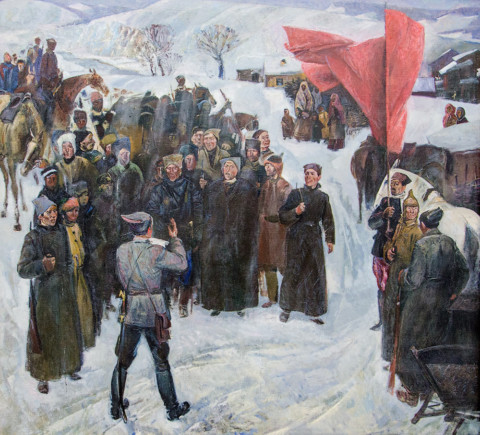 «Воины башкирских частей читают сообщение о Соглашении Центральной Советской Автономии Башкирии», Рашит Зайнетдинов, 1986, холст, масло, 79,8х88