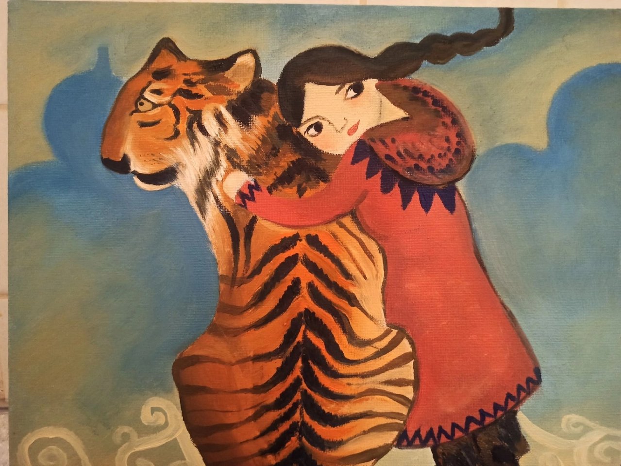 «Тигр и девочка», Ляйсан Гаррапова, 2022, холст на картоне, масло, размер 30*40, цена: 3000 рублей (в поддержку Уфимского хосписа)